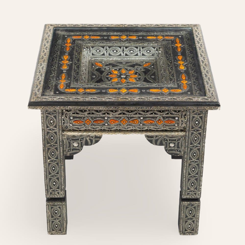 mesa marroquí de madera y hueso naranja