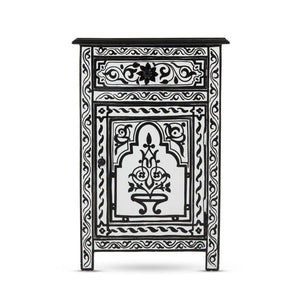 Mesita de noche árabe blanca y negra pintada a mano