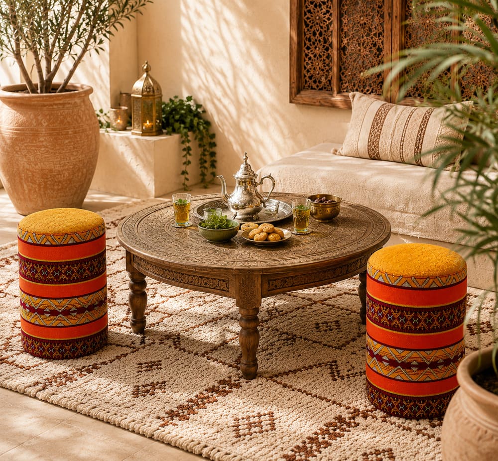 taburete bereber madera tapizado lifestyle