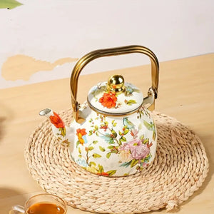 tetera grande esmalte porcelana pájaros flores